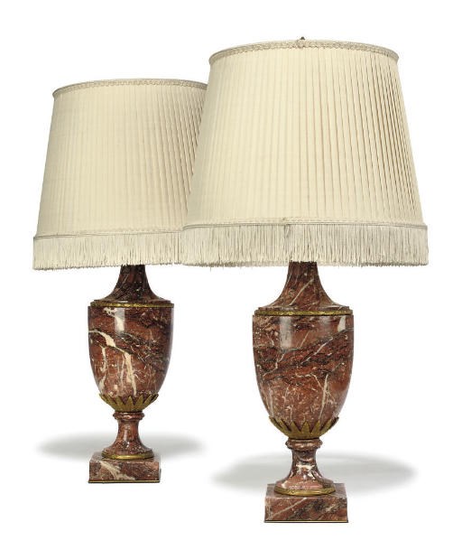 A PAIR OF FRENCH GILT-BRONZE MOUNTED VARIAGATED PINK MARBLE TABLE LAMPS