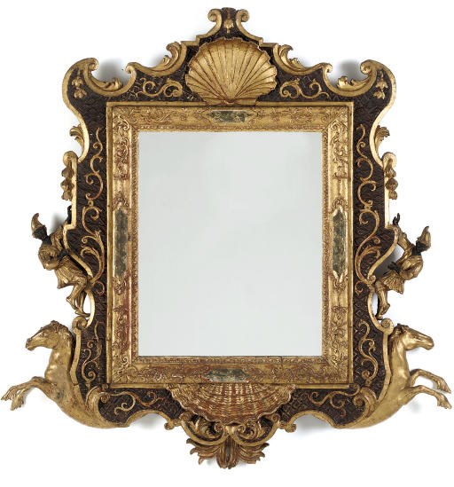 AN IBERIAN GILTWOOD AND PAINTED MIRROR