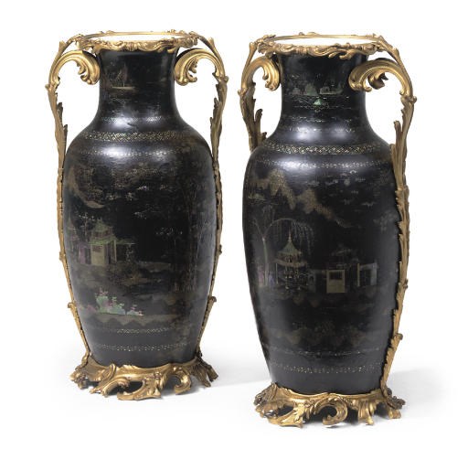 A PAIR OF FRENCH ORMOLU-MOUNTED LAC BURGAUTÉ PORCELAIN VASES