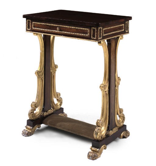 A GEORGE IV BRASS-MOUNTED, ROSEWOOD AND PARCEL-GILT WORK TABLE