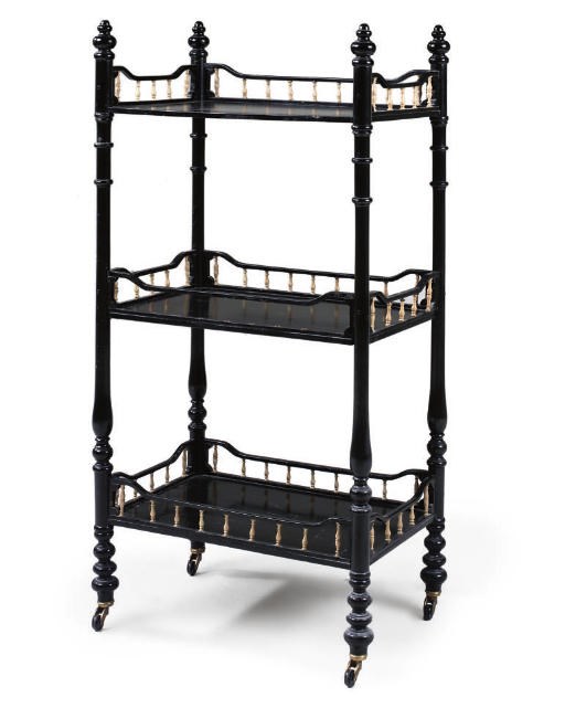 A FRENCH EBONISED THREE-TIER ETAGÈRE