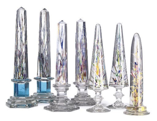 THREE PAIRS OF GLASS OBELISKS WITH COLOURED INCLUSIONS AND ANOTHER