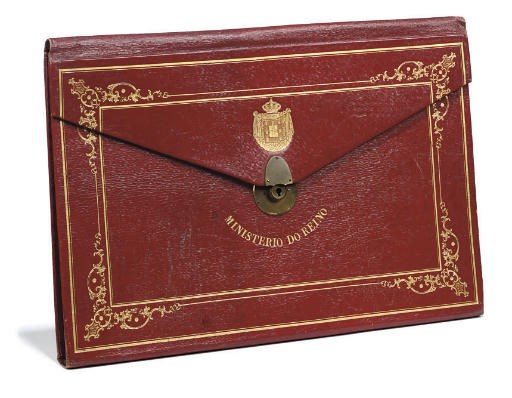 A PORTUGUESE GILT-TOOLED RED LEATHER ATTACHÉ FOLDER