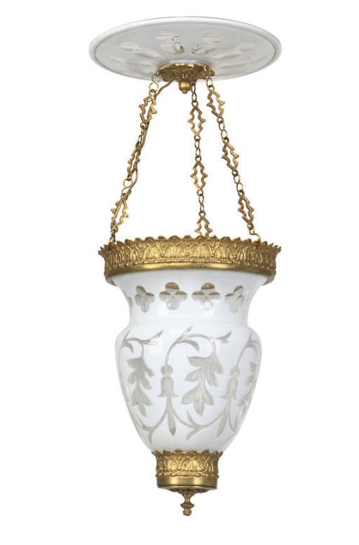 A GILT-METAL MOUNTED MILK GLASS HANGING LANTERN