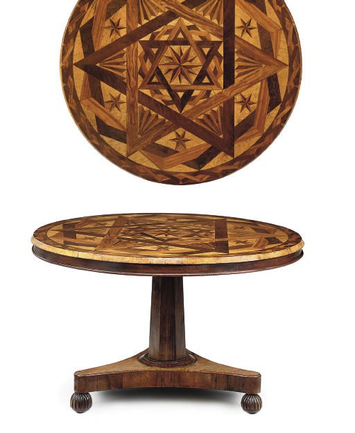 A WILLIAM IV ROSEWOOD, BIRD'S-EYE MAPLE, SATINWOOD, MAHOGANY AND SPECIMEN WOOD INLAID CIRCULAR CENTRE TABLE