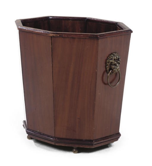 A BRASS-MOUNTED MAHOGANY OCTAGONAL WASTE-PAPER BASKET