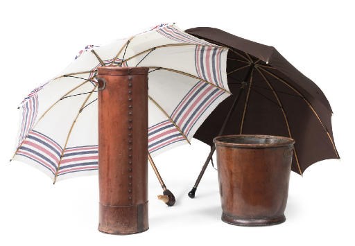 A FRENCH IRON-MOUNTED TAN LEATHER CIRCULAR STICK-STAND