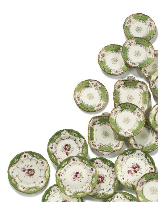 A COALPORT GREEN-GROUND PART DESSERT SERVICE AND AN ENGLISH PORCELAIN SERVICE OF SIMILAR DESIGN