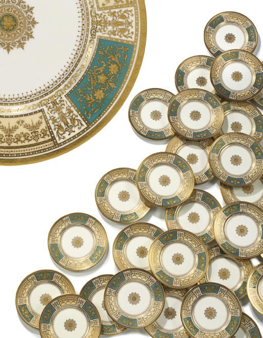 THIRTY MINTON COLOURED AND GILT DINNER PLATES