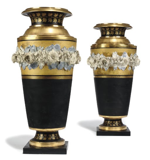 A PAIR OF PARIS (DAGOTY) MATT-BLACK AND GILT VASES