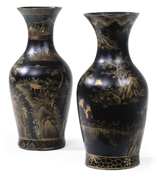 A PAIR OF BLACK AND GILT PAPIER-MÂCHÉ BALUSTER VASES