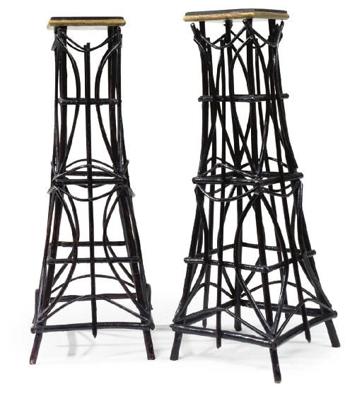 A PAIR OF 'RUSTIC' PAINTED AND PARCEL-GILT DECORATED STANDS