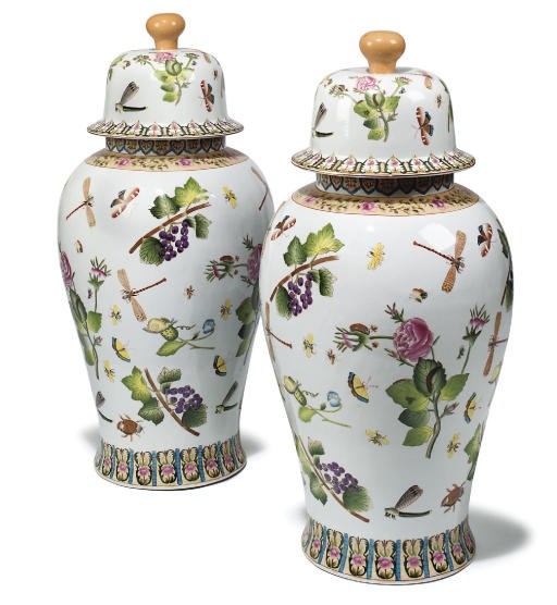 A LARGE PAIR OF MODERN CHINESE VASES AND COVERS