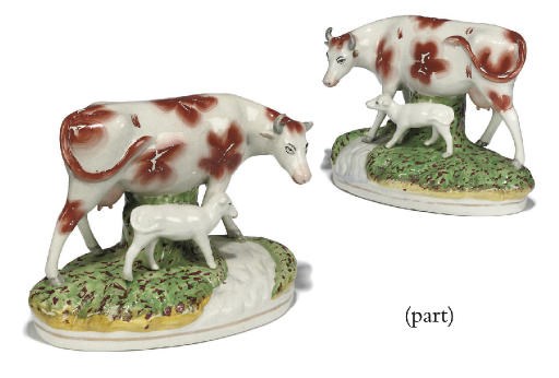 FIVE STAFFORDSHIRE POTTERY MODELS OF COWS