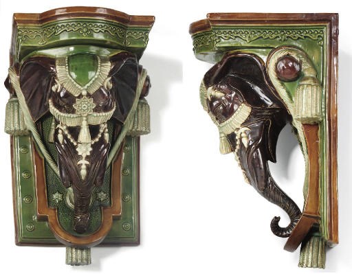 A PAIR OF CONTINENTAL ZOOMORPHIC MAJOLICA WALL-BRACKETS