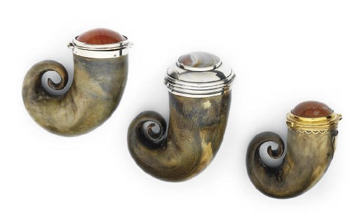 A SCOTTISH GOLD-MOUNTED HORN SNUFF-MULL AND TWO OTHERS
