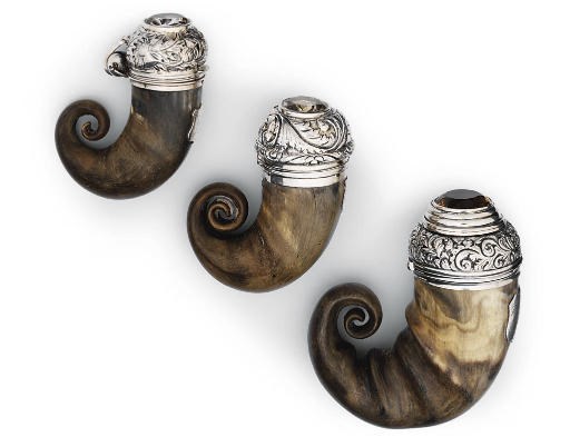 THREE SCOTTISH SILVER-MOUNTED HORN SNUFF-MULLS