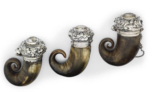 THREE SCOTTISH SILVER-MOUNTED HORN SNUFF-MULLS