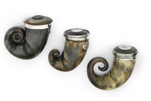 THREE SCOTTISH SILVER-MOUNTED HORN SNUFF-MULLS
