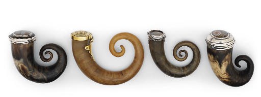 THREE SCOTTISH SILVER-MOUNTED HORN SNUFF MULLS AND A BRASS MOUNTED EXAMPLE