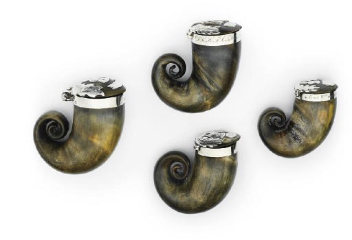 FOUR SCOTTISH SILVER-MOUNTED HORN SNUFF-MULLS
