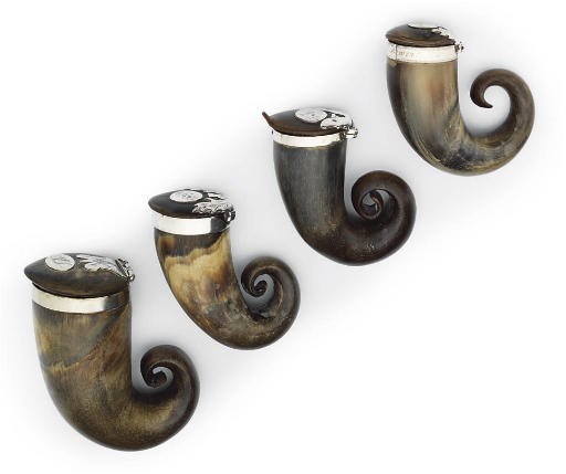 THREE SCOTTISH SILVER-MOUNTED HORN SNUFF-MULLS AND A METAL-MOUNTED EXAMPLE