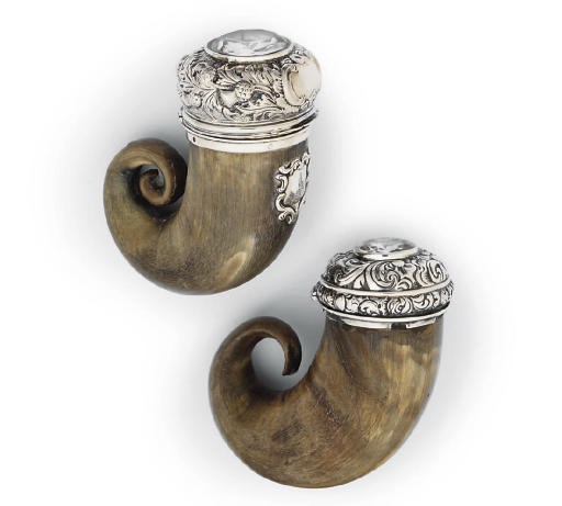 TWO VICTORIAN SCOTTISH SILVER-MOUNTED HORN SNUFF MULLS
