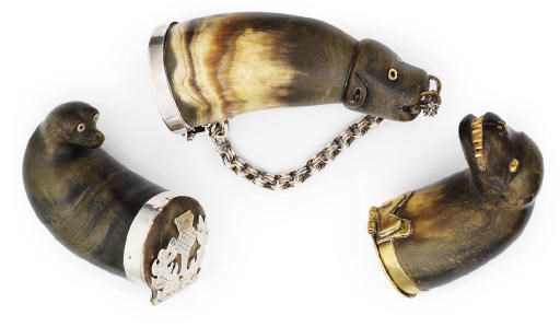 THREE SCOTTISH SILVER OR METAL-MOUNTED HORN SNUFF-MULLS