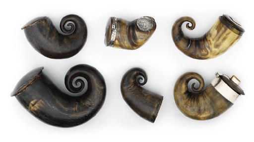TWO SCOTTISH SILVER-MOUNTED HORN SNUFF-MULLS AND FOUR OTHER SNUFF-MULLS