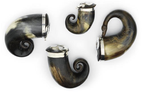 THREE VARIOUS SCOTTISH SILVER-MOUNTED HORN SNUFF-MULLS AND A METALWARE- MOUNTED EXAMPLE