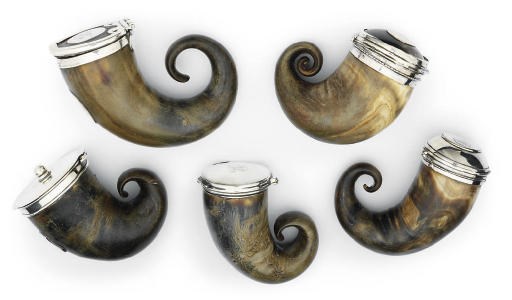 FIVE SCOTTISH SILVER-MOUNTED HORN SNUFF-MULLS
