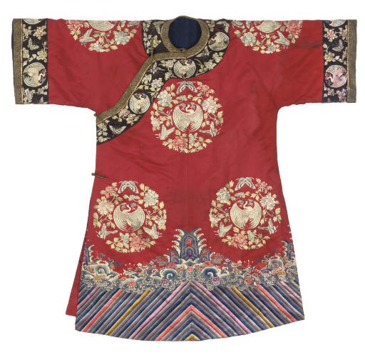 A CHINESE RED SILK MANCHU STYLE WEDDING ROBE