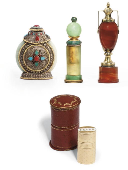 TWO SILVER-GILT MOUNTED HARDSTONE ORNAMENTS, A SNUFF BOTTLE AND A FRENCH GOLD AND ENAMEL BOX BY CARTIER