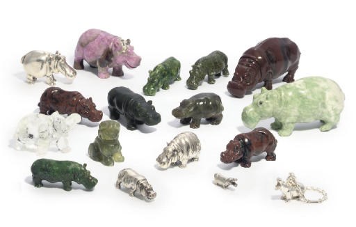 A GROUP OF METAL AND HARDSTONE HIPPOPOTAMUS ORNAMENTS