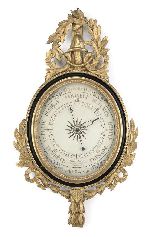 A LOUIS XVI GILTWOOD AND PAINTED BAROMETER