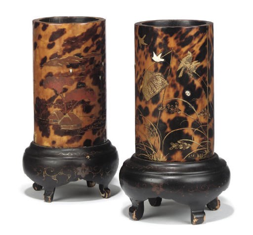 TWO JAPANESE TORTOISESHELL-VENEERED WOODEN BRUSHPOTS