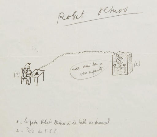 DESNOS, Robert (1900-1945). Lettre autographe signée, datée "samedi [24/6/36]", accompagnée d'un petit dessin représentant "le poète Robert Desnos à sa table de travail" devant un "poste de TSF", adressée à Fernand Gregh (?).