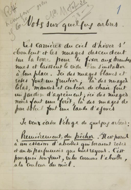 JAMMES, Francis (1868-1938). Notes sur quelques arbres. Manuscrit autographe signé, sans date.