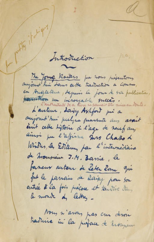 [SACHS] -- ASHFORD, Daisy (1881-1972). Les Jeunes visiteurs. Traduction autographe, complète, de Maurice Sachs, 142 feuillets (dont 3 pour l'introduction, et 139 feuillets chiffrés 1 à 138 dont 46bis) portant d'importantes corrections, ratures et bequets, le dernier feuillet est signé. Avec le placard contenant l'introduction de Jean Cocteau portant le cachet de l'éditeur daté de juin 1926. Paris, 1926.