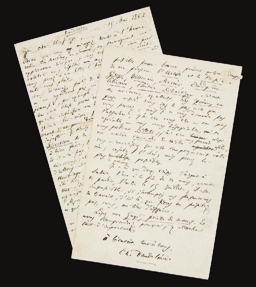 BAUDELAIRE, Charles (1821-1867). Lettre autographe signée à Arsène Houssaye. 15 mai 1862.