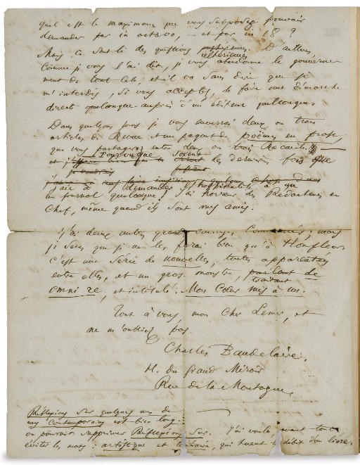 BAUDELAIRE, Charles (1821-1867). Lettre autographe, signée "Charles