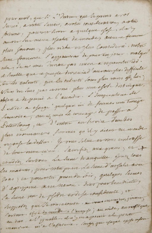 DIDEROT, Denis (1713-1784). Lettre autographe à Marie-Madeleine Jodin. [Janvier 1767]. 4 pages in-12 (168 x 109 mm) sur un feuillet replié, encre brune sur papier vergé. (Fente à la pliure sans perte de texte, marges un peu brunies.)