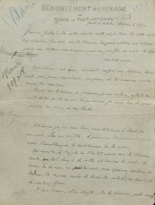 GIDE, André (1869-1951). Le Renoncement au voyage. Manuscrit autographe signé. S.d. [vers 1905].