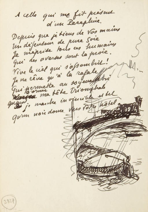 VALÉRY, Paul (1871-1945). A celle qui me fit présent d'un Parapluie. Poème autographe de 10 vers, non signé, accompagné d'un dessin à l'encre noire.
