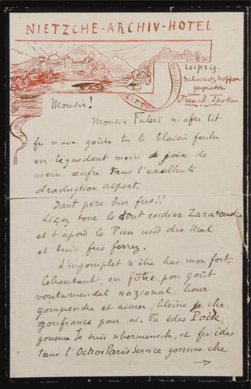 VALÉRY, Paul (1871-1945). Lettre autographe signée "F. Niestche" adressée à André Fontainas, sans date [juin 1900].