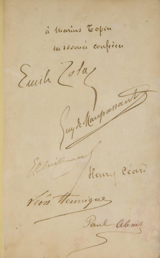 ZOLA, Émile, MAUPASSANT, Guy de, HUYSMANS, Joris-Karl, ALEXIS, Paul, HENNIQUE, Léon, CÉARD, Henry. Les Soirées de Médan. Paris: G. Charpentier, 1880.