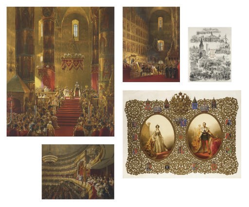 Description du Sacre et du couronnement de Leurs Majestés Impériales l'Empereur Alexandre II et l'Impératrice Marie Alexandrovna. [Saint-Pétersbourg:] Imprimerie de l'Académie Impériale des Sciences, 1856.