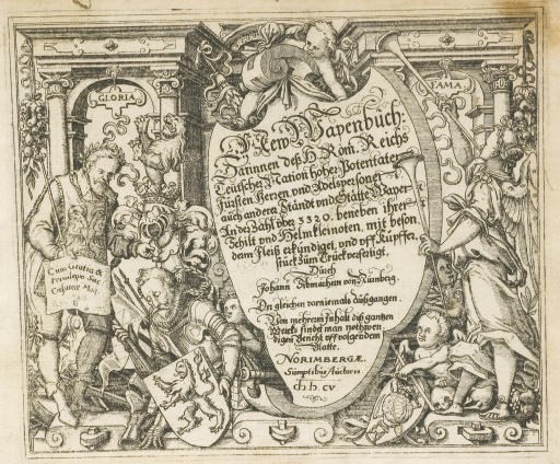 SIBMACHER, Johann (mort en 1611). New Wappenbuch: Darinnen dess h. Röm. Reichs Teutscher Nationen hoher Potentaten, Fürsten, Herren und Adelspersonen, auch anderer Staendt und Staette Wapen in der Zahl über 3320, beneben ihrer Schilt und Helmkleinoten, mit besonderen Fleiss erkündiget, und uff Küpferstück zum Trücken verfertigt. Nuremberg: chez l'auteur, 1605.