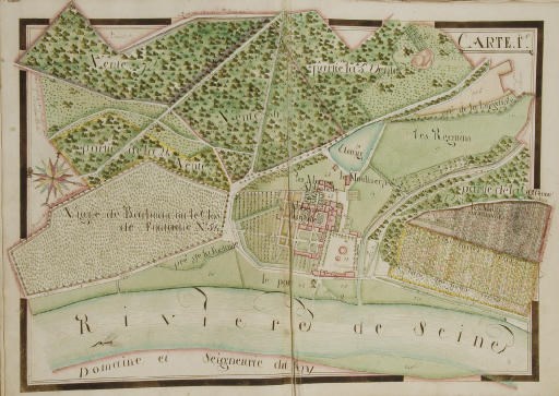BORDA, Jean-Louis. Attlas Général de la Seigneurie Haute, Moÿenne, et Basse de la Prévôté de Ville Fermoy et ses dépendances, des fiefs... Le dit attlas arpenté, lavé et dessiné par Jean Louis Borda, géomètre demeurant ordinairement à Villeneuve le Roy près Sens. Atlas manuscrit, encre et gouache sur papier, après 1776.