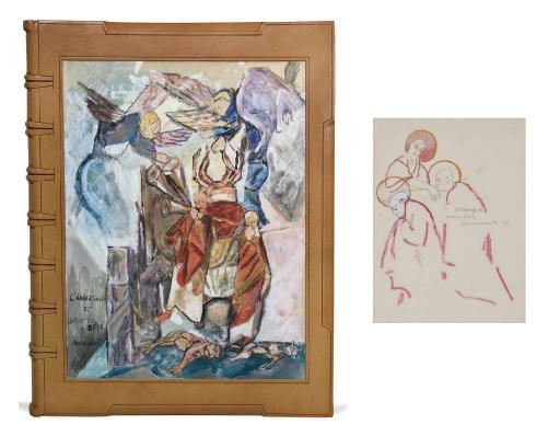 JACOB, Max (1876-1944). "Méditations sur le chemin de croix". Manuscrit autographe de 37 feuillets de texte (310 x 240 mm) et 47 dessins (255 x 204 mm), dont 16 signés et 6 rehaussés à la gouache ou à l'aquarelle. (Réparation en pied du premier feuillet de texte et à un dessin, rousseurs à deux dessins.)